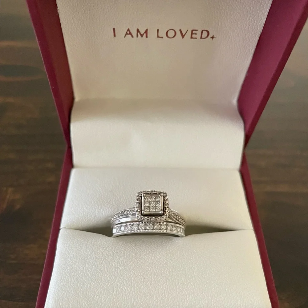 925 Sterling Silver & 14KT White Gold Diamond Engagement Ring & Wedding Band Set